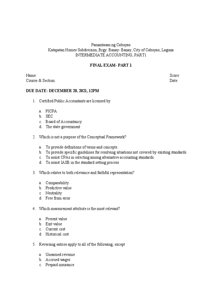 Intermediate Accounting Final Exam Part 1 | PDF | Bad Debt | Debits And ...