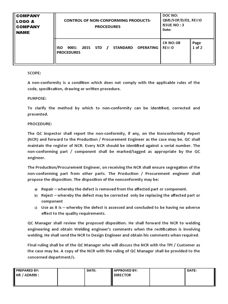 08 NCR, Control of NCR Procedures PDF Iso 9000 Business