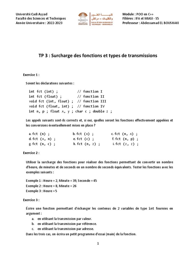 Surcharge de fonctions en C++ : TP 3 | PDF