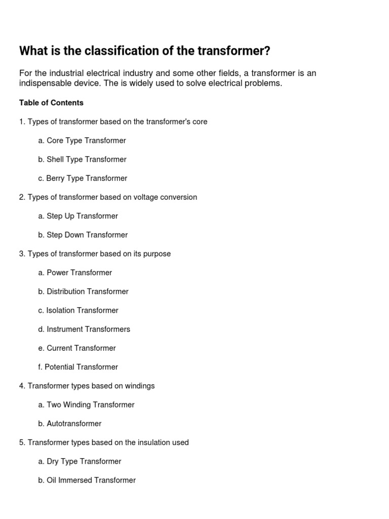 Classification of The Transformer PDF Transformer Electric Power