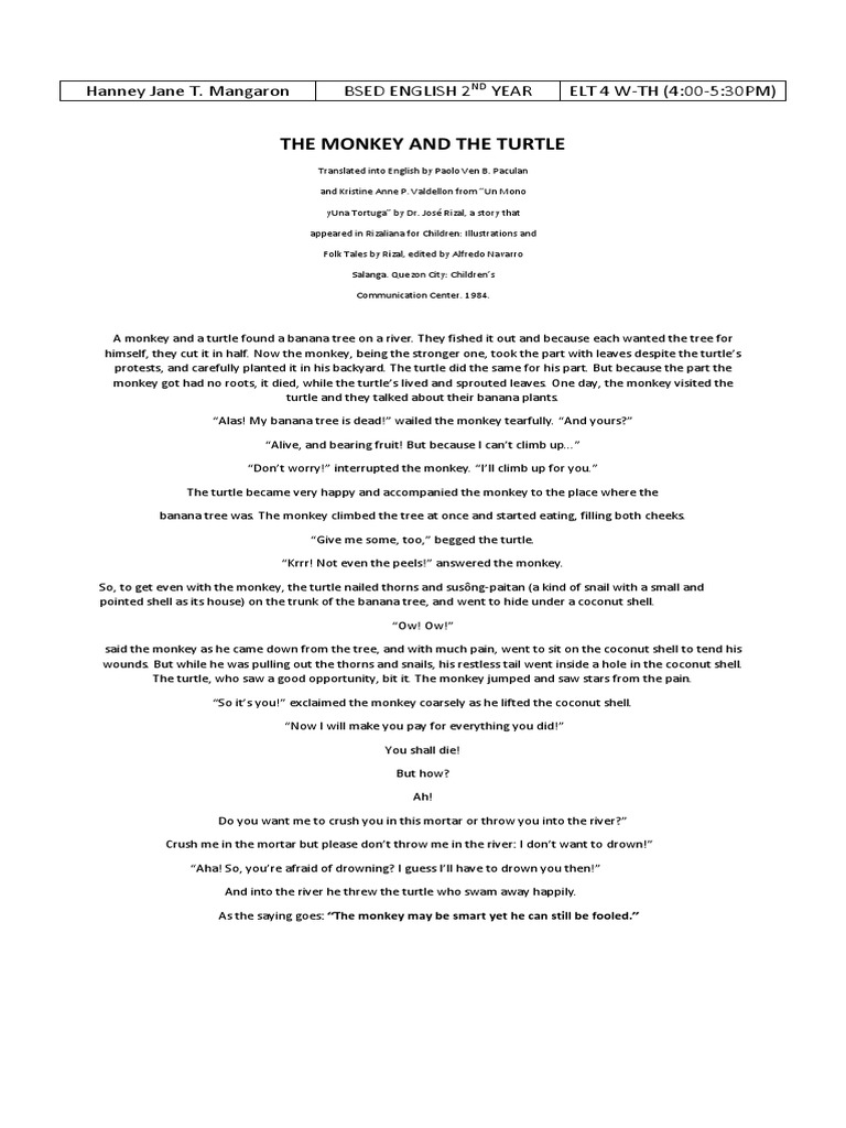 Moral Lessons from the Monkey and Turtle | PDF