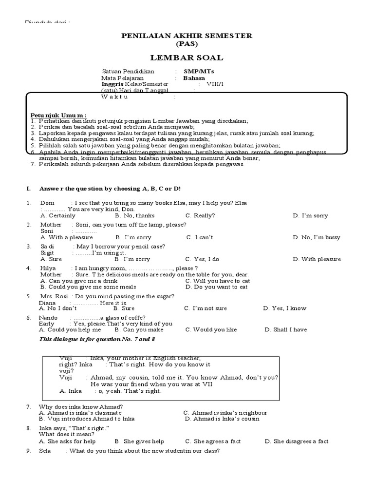 Soal Bahasa Inggris Kls 8 Pdf