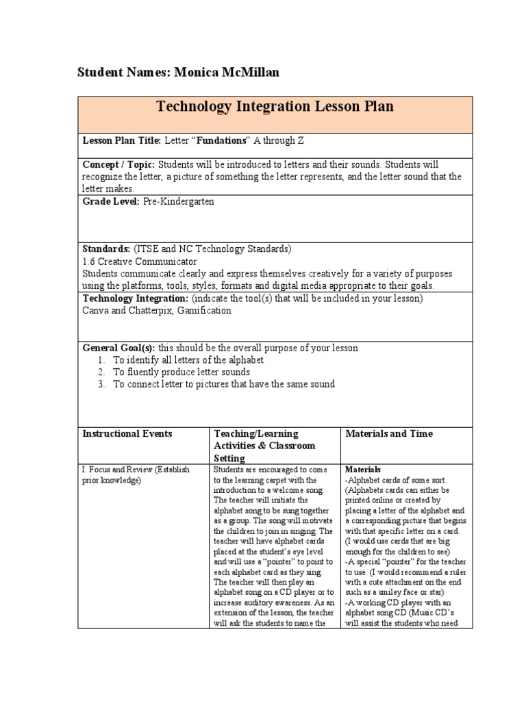 Pre-K Technology Integration Lesson Plan | PDF | Lesson Plan | Teachers