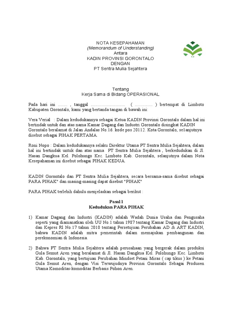 MoU KADIN dan PT Sentra Mulia Sejahtera | PDF