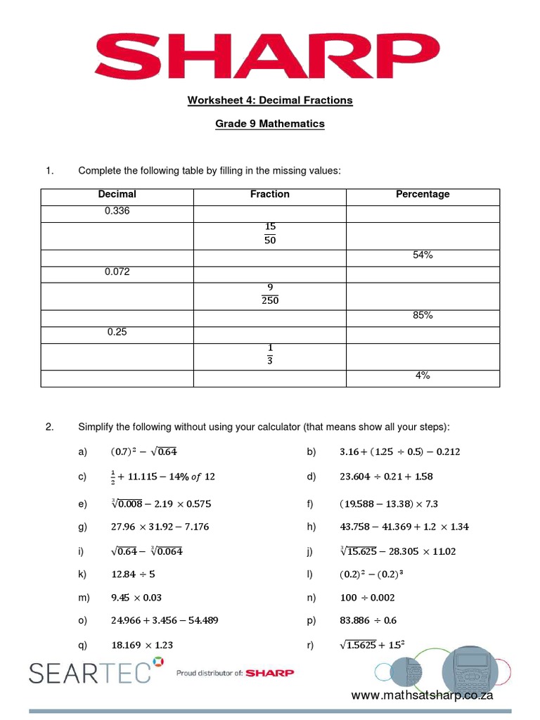 Grade 9 Mathematics Decimal Fractions Worksheet 4 Pdf Mathematics