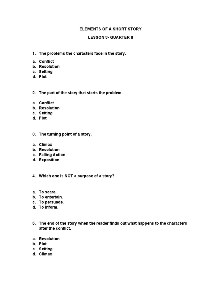 Elements of a Short Story Quiz | PDF