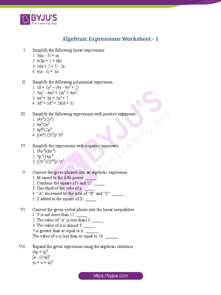 Algebraic Expressions Worksheets 1 | PDF | Science & Mathematics