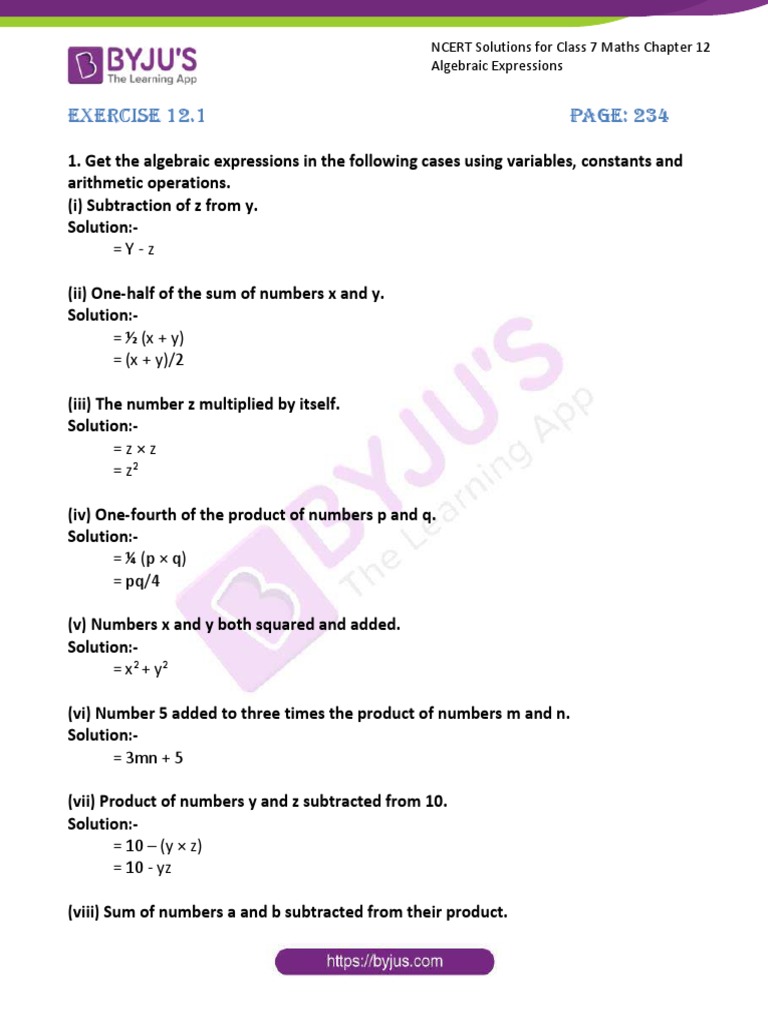 Class 7 Maths: Algebraic Expressions | PDF | Equations | Algebra