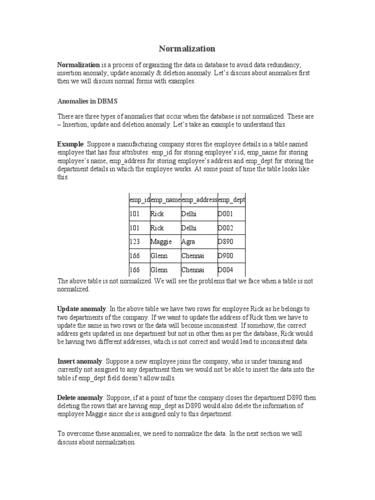Database normalization understanding anomalies and applying normal