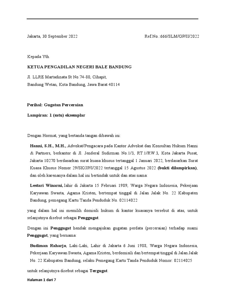 Contoh Surat Gugatan Cerai Kristen | PDF