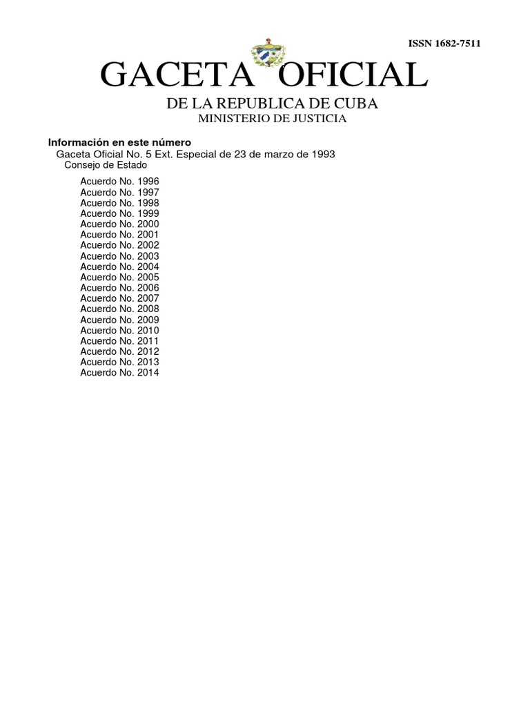 Gaceta Oficial de La Republica de Cuba PDF Cuba Fidel Castro