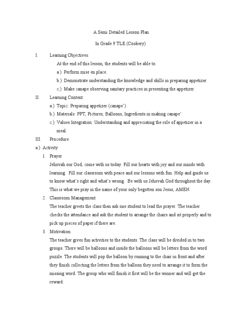 Semi-Detailed Lesson Plan: Canapés | PDF | Hors D'oeuvre | Cognitive ...