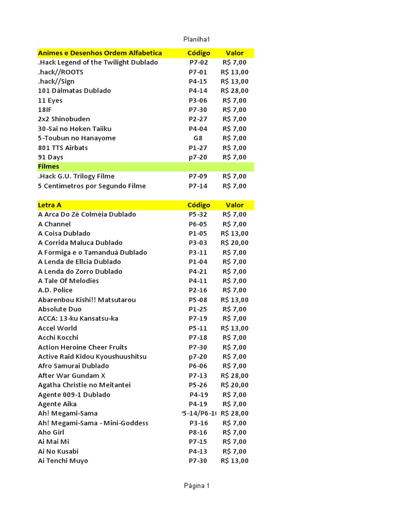 Lista de Animes 2021 Com Valores