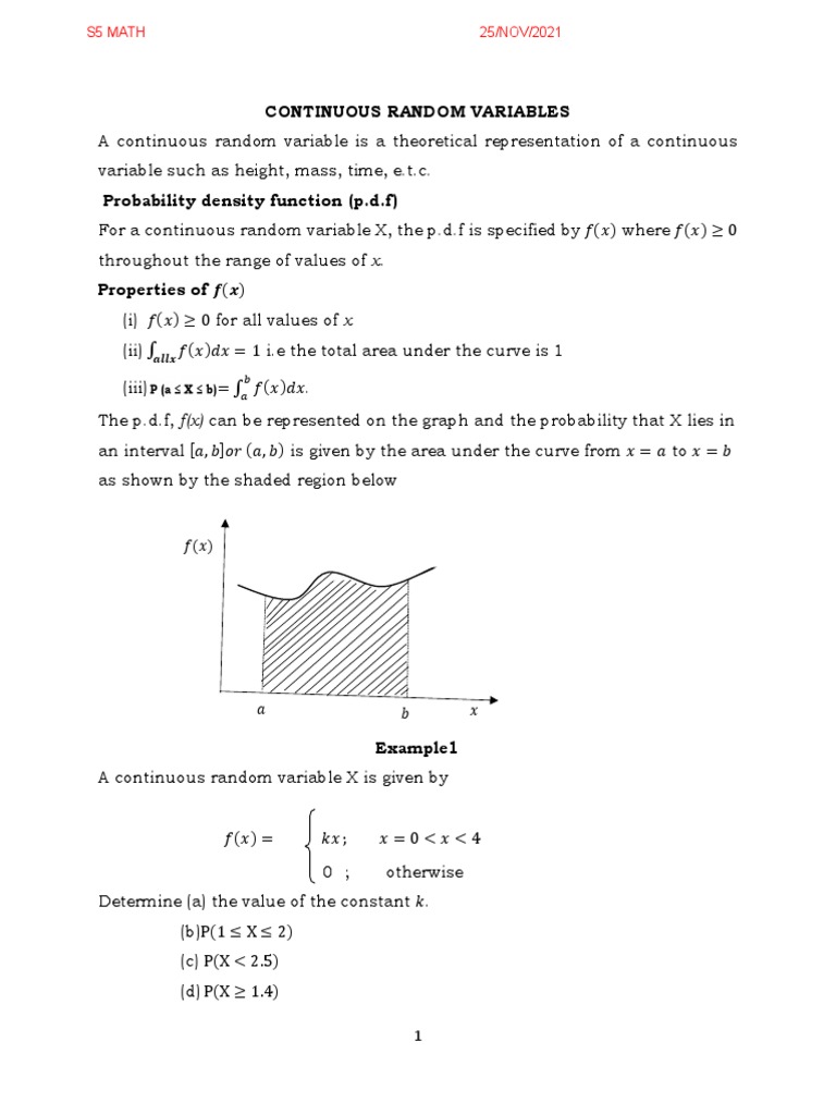S5 Math 2 (Continuous Random Variables) | PDF | Random Variable ...