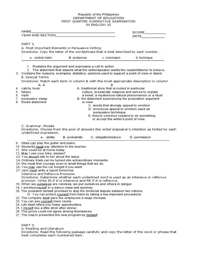 English 10 First Quarter Exam Guide | PDF | Argument | Cognition