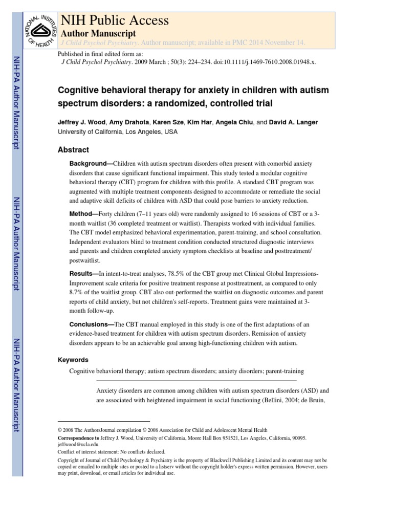 Cognitive Behavioral Therapy For Anxiety in Children With Autism ...