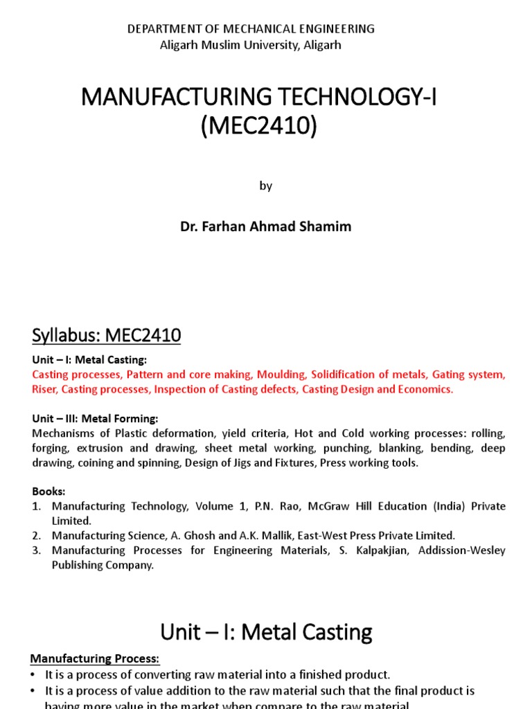 Unit 1 Manufacturing Technology Download Free Pdf Casting