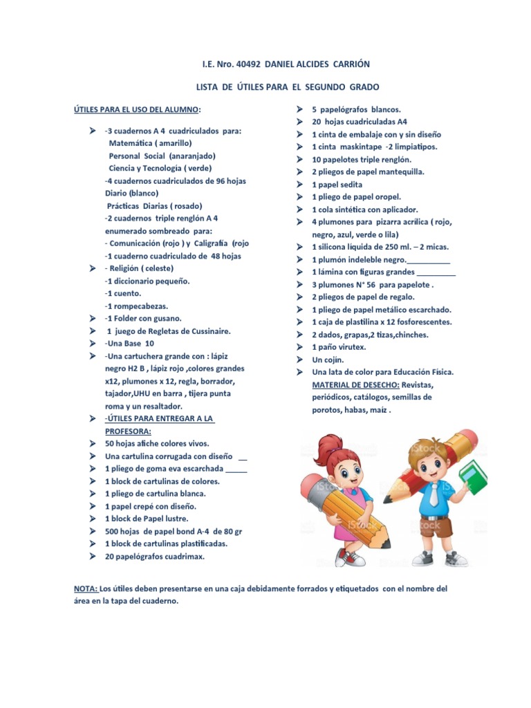 Útiles escolares segundo grado 40492 | PDF | Papel | Materiales de ...
