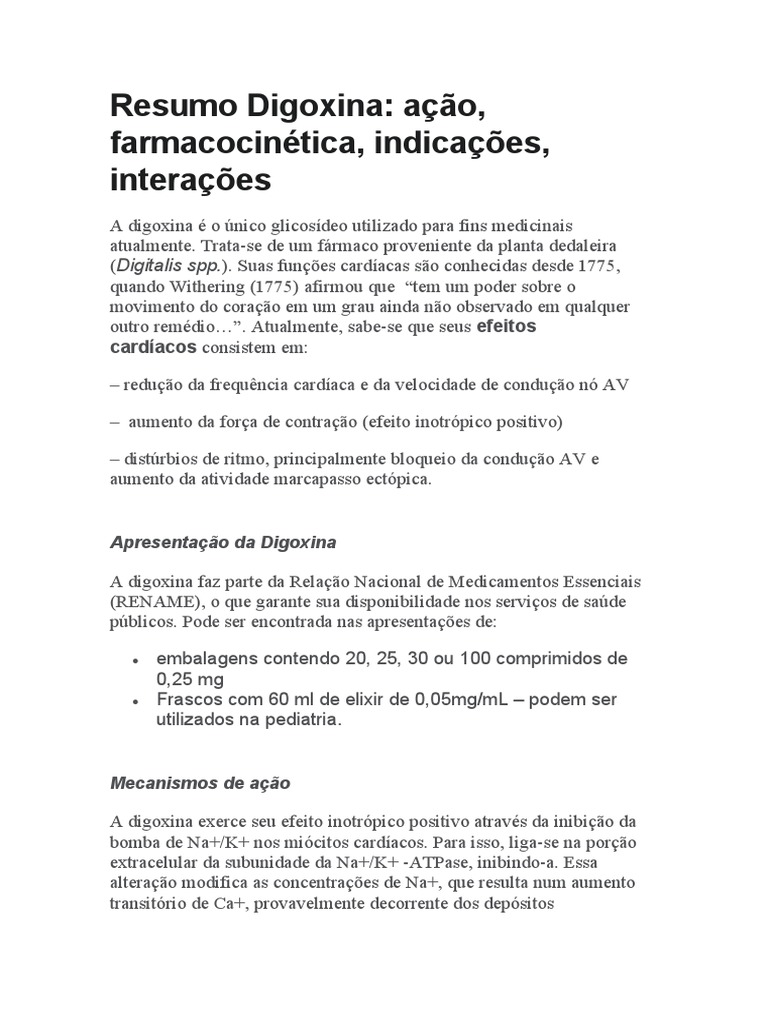 digoxina-resumo | PDF | Coração | Medicina Clínica