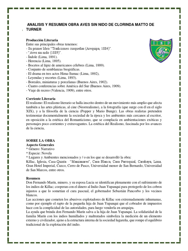 Analisis Y Resumen Obra Aves Sin Nido De Clorinda Matto De Turner Pdf