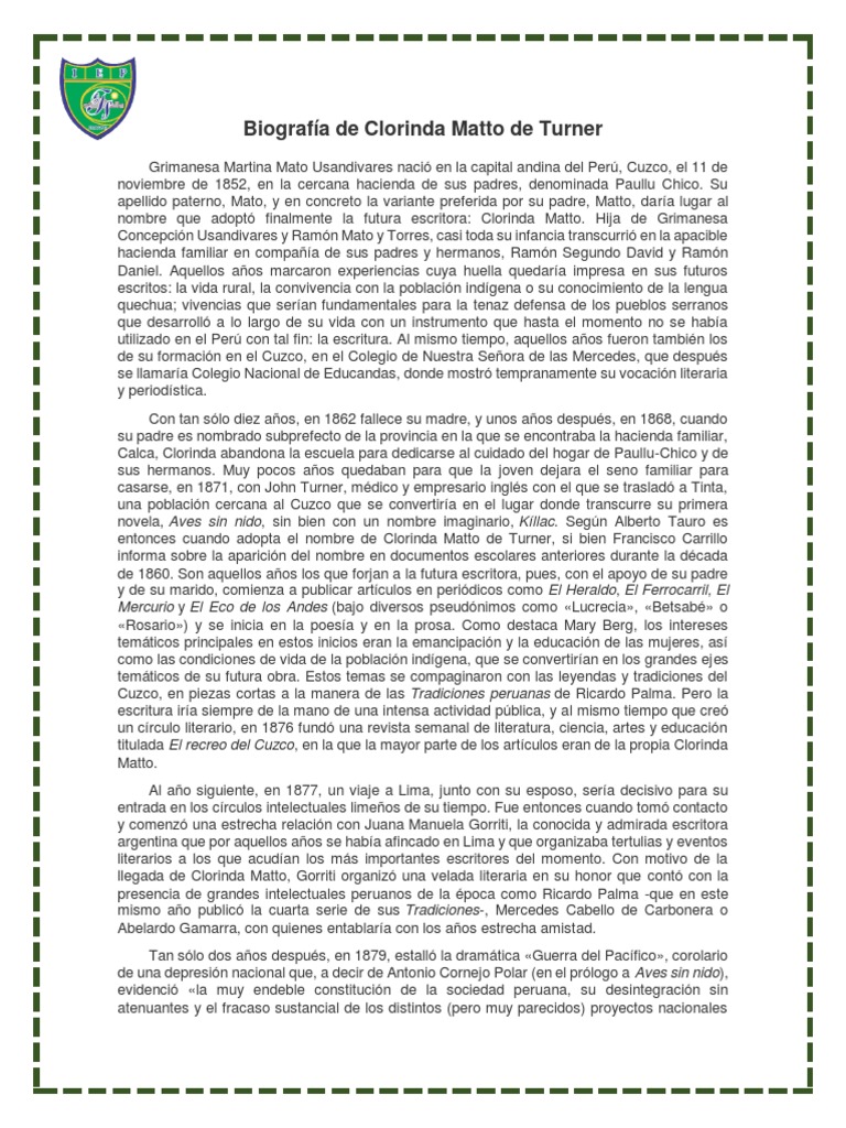 Biografía De Clorinda Matto De Turner Pdf
