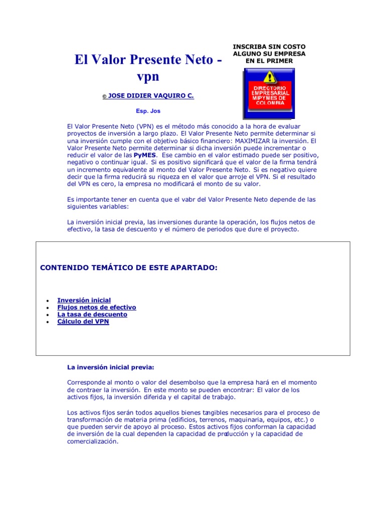 El Valor Presente Neto Flujo Neto de Efectivo | PDF | Valor presente ...