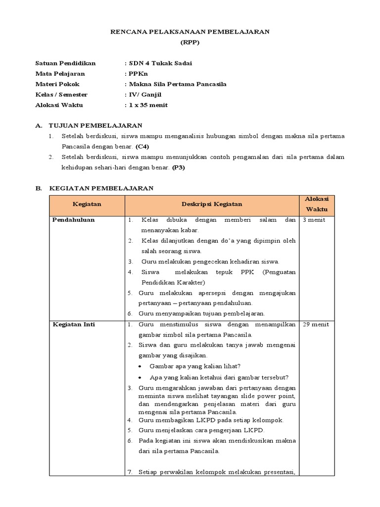 RPP PPKn: Sila Pertama Pancasila SD | PDF
