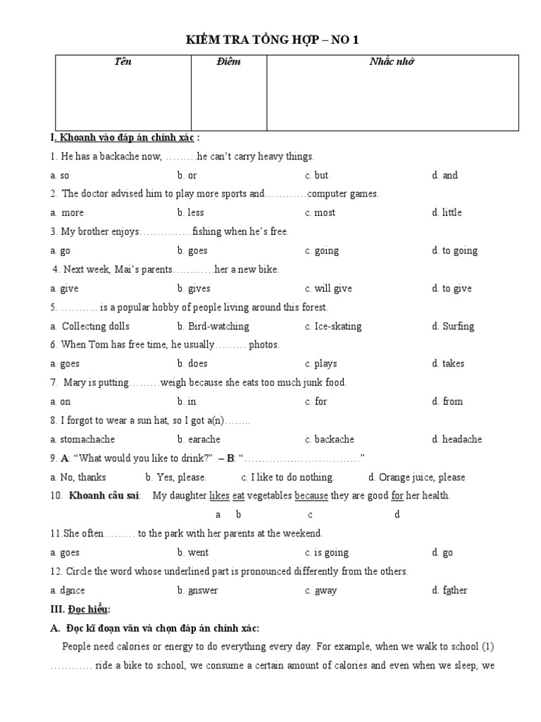 English Test for Grade 7 Students | PDF | Linguistics