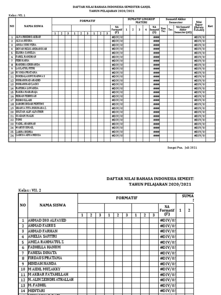 Blangko Nilai Sem 1 2021 | PDF