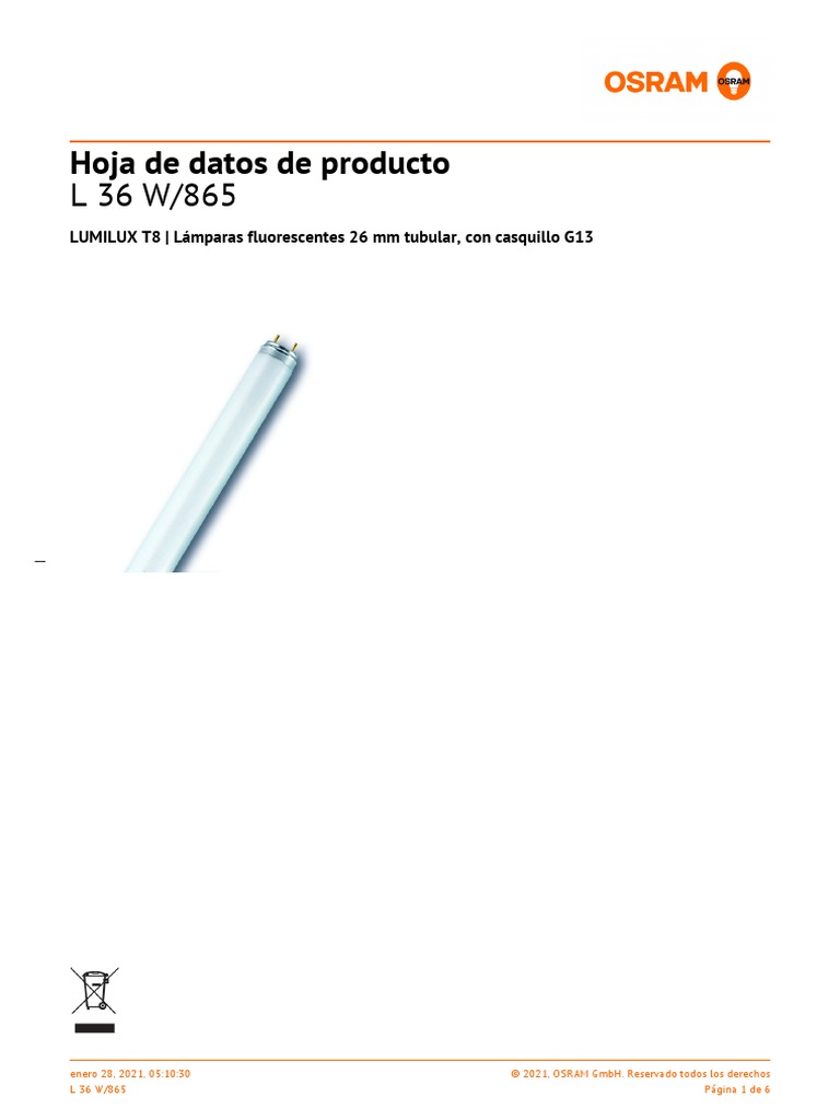 Tubo OSRAM L36W 765 | PDF | Espectro electromagnético | Electrodinámica