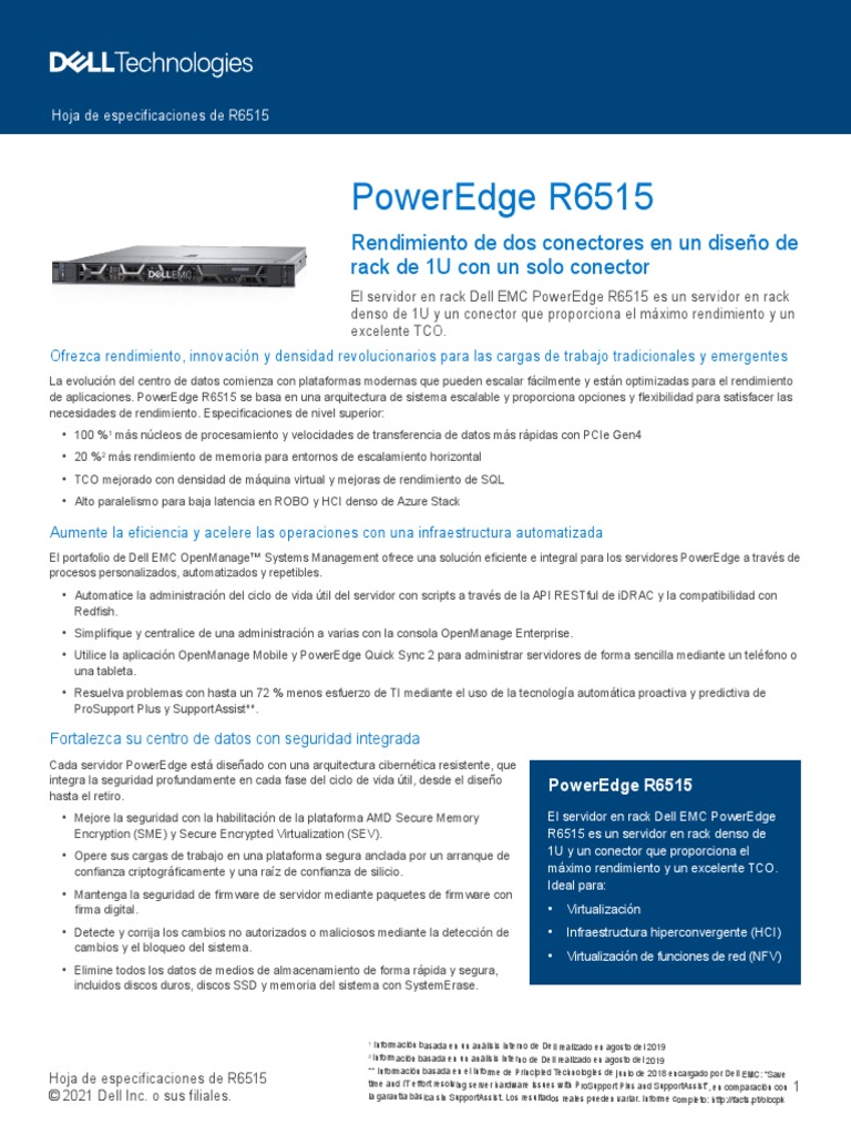 Dell Emc Poweredge r6515 Spec Sheet PDF Dell Servidor