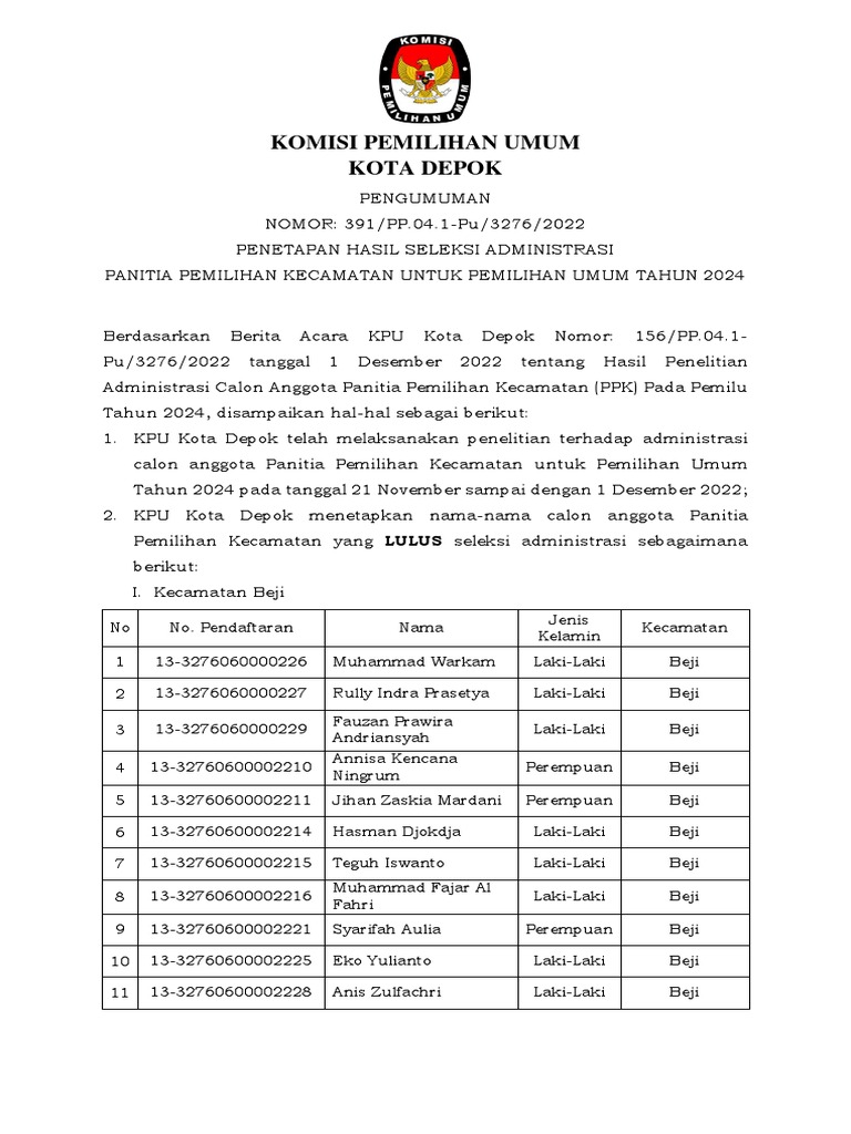 Pengumuman Hasil Penelitian PPK Pemilu Tahun 2024 (Ok) | PDF