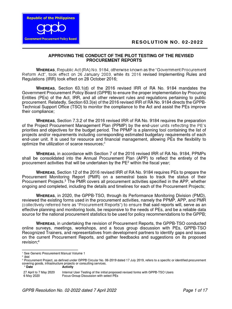 Pilot Testing Revised GPPB Procurement Forms | PDF | Procurement ...