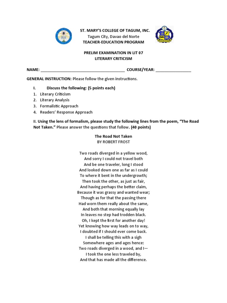 Lit Crit Prelim Exam - 2021 | PDF