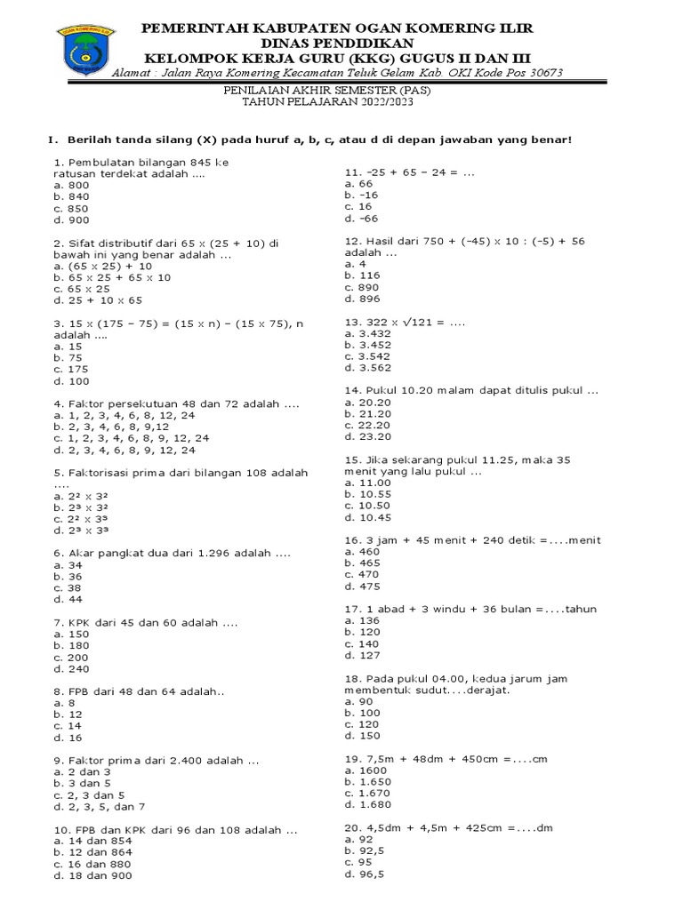 52 Soal UAS Matematika Kelas 5 Semester 1 Kurikulum Merdeka dengan Kunci Jawaban
