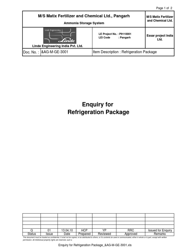 Enquiry For Refrigeration Package &AG M GE 3001 PDF Refrigeration
