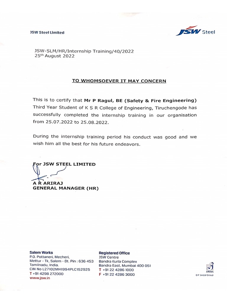 JSW Steel Limited Internship Training PDF