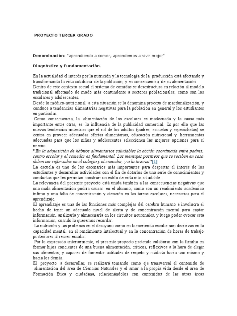 Proyecto de Alimentación Saludable 3° grado | PDF | Aprendizaje | Alimentos