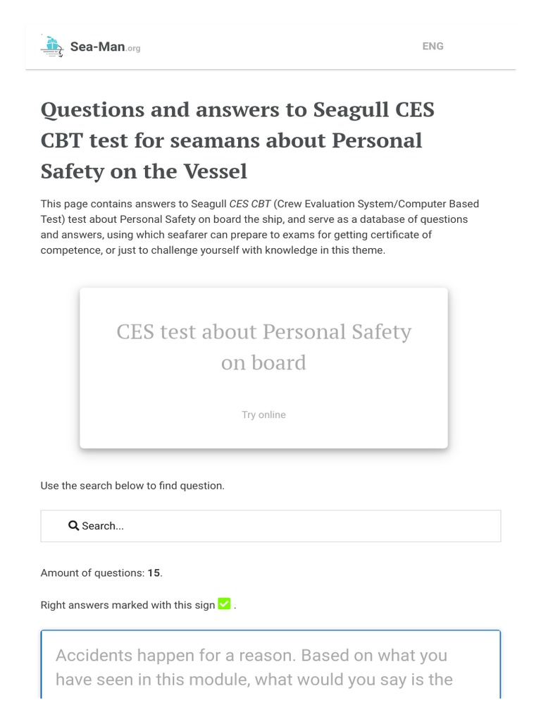 Answers To CES CBT Test About Personal Safety On Board The Ship PDF