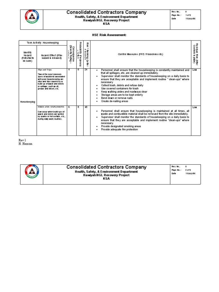 New Risk Assessment Housekeeping PDF Housekeeping Risk