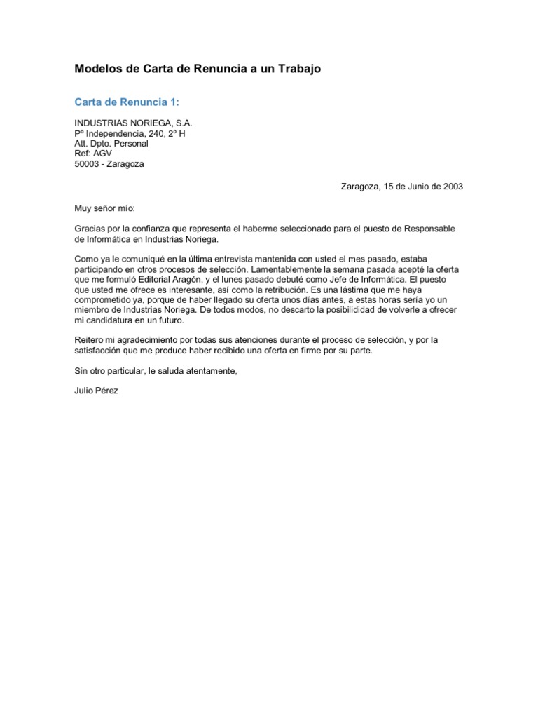 Carta de Renuncia A Un Trabajo