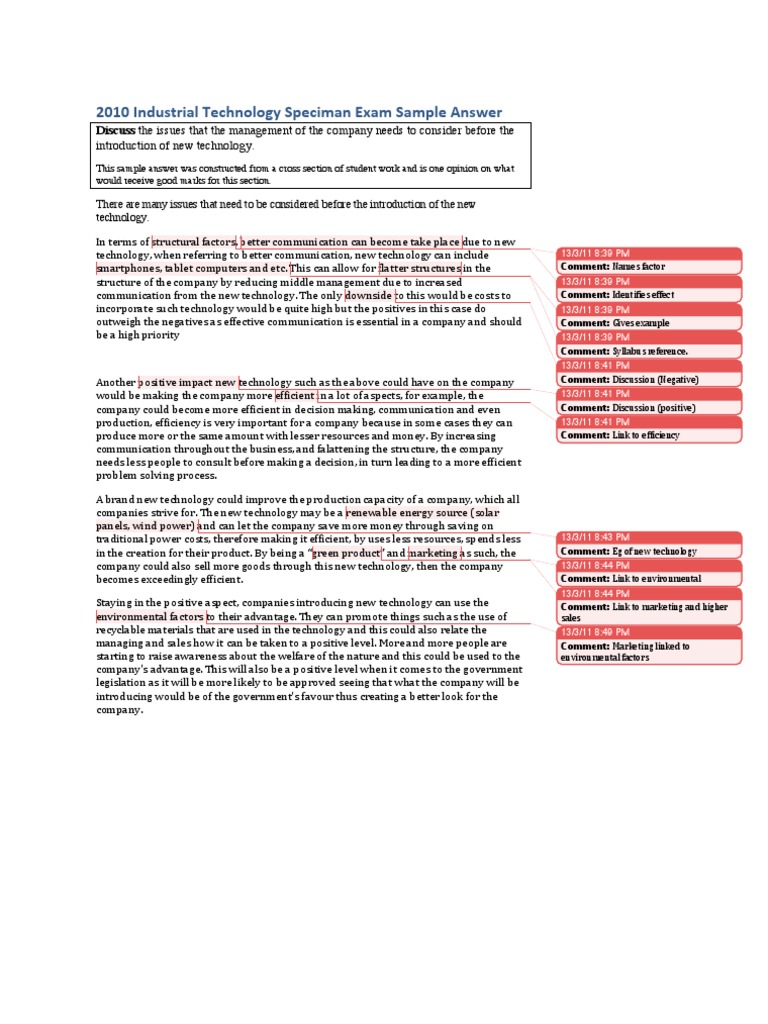 2010 HSC Industrial Tech Speciman Exam Sample Answer Download Free