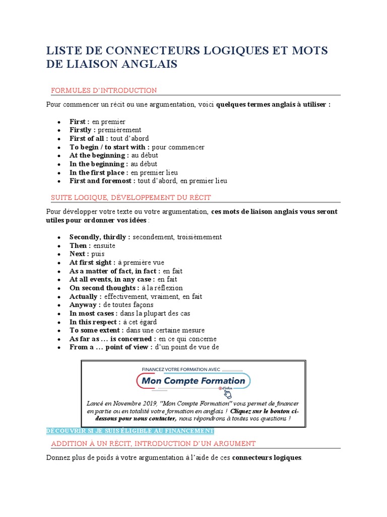 Liste de Connecteurs Logiques Et Mots de Liaison Anglais PDF