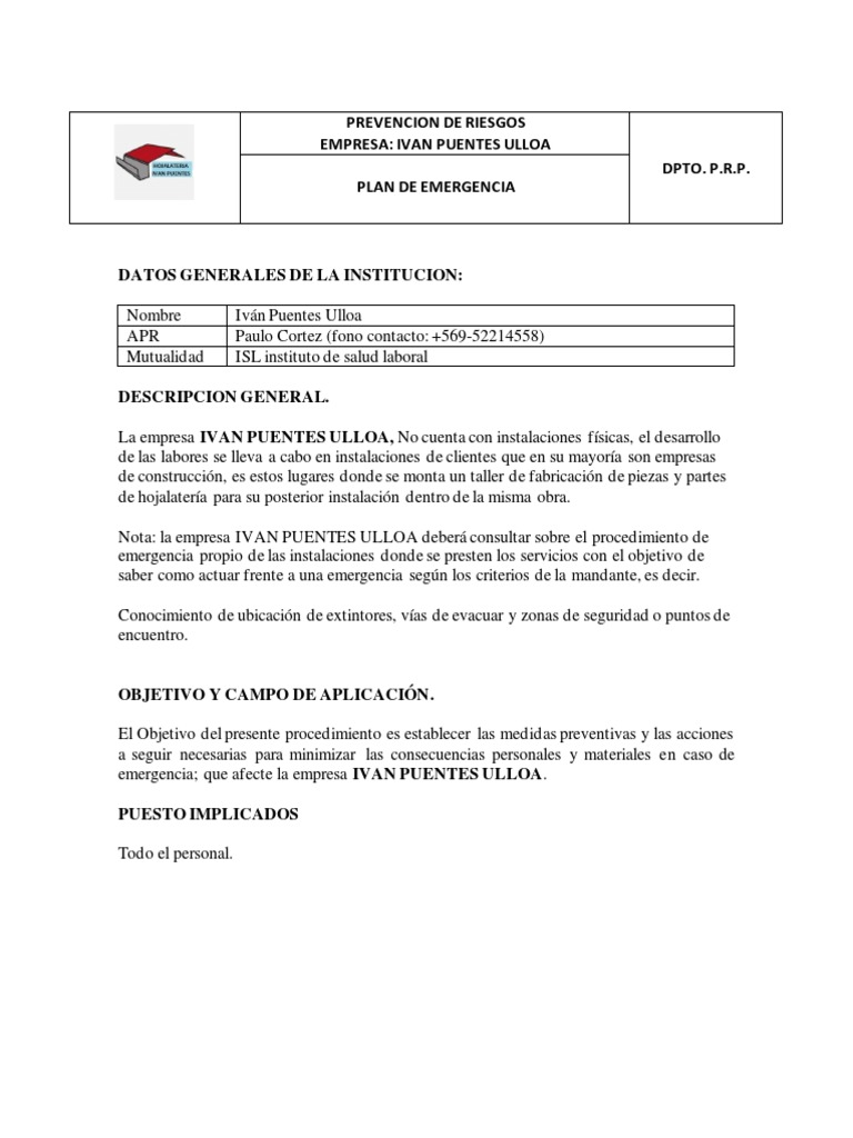 Plan de Emergencia en Obras | PDF | Seguridad y salud ocupacional ...