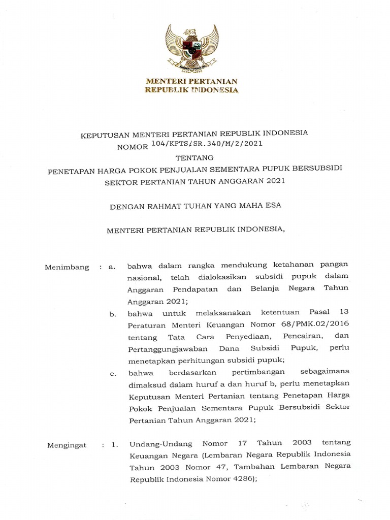 Kepmentan HPPS No 104 Tahun 2021 | PDF