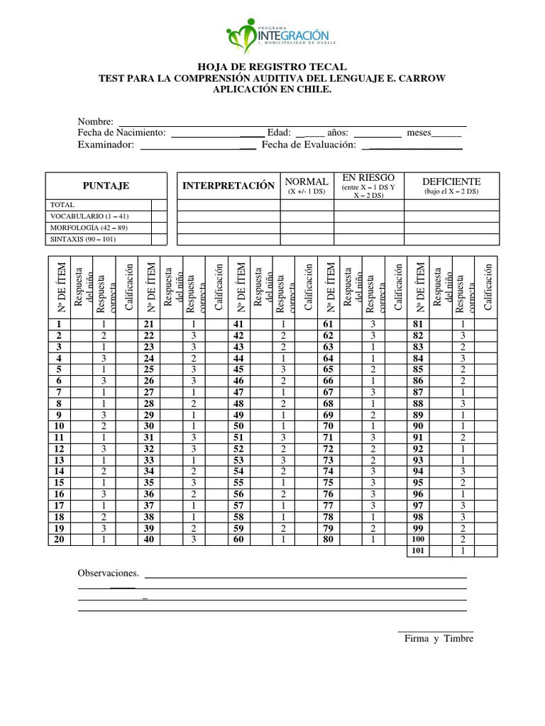 Hoja de Registro del Test Tecal | PDF