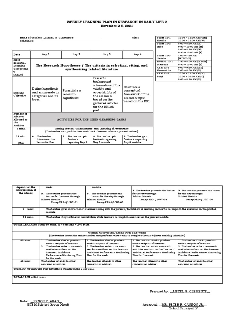 CLEMENTE - RDL2 - WEEKLY LP - W7 - Nov 2-5 | PDF | Teachers | Learning
