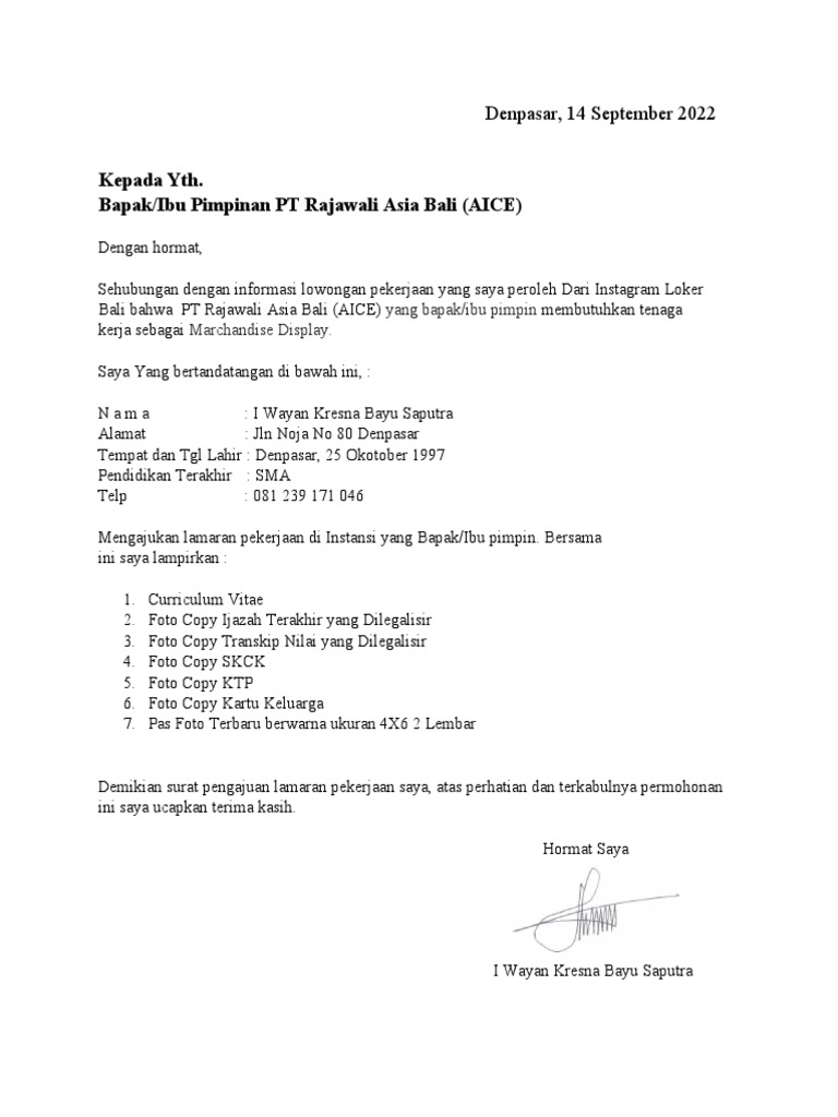 Surat Lamaran Kerja PT Rajawali Asia | PDF | Memasak, Makanan, & Anggur