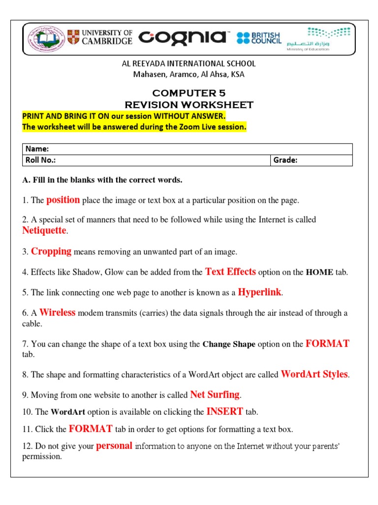 Grade 5 Revision Worksheet With Answers Pdf World Wide Web