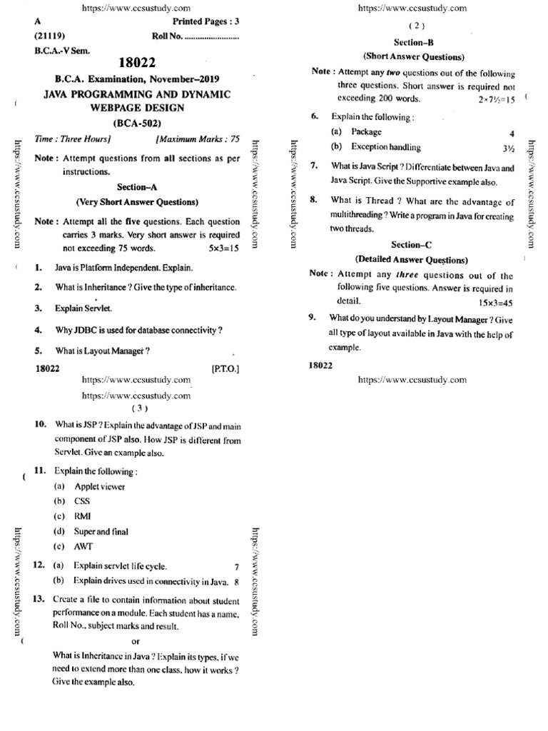 Bca 5 Sem Java Programming and Dynamic Webpage Design 18022 Nov 2019 | PDF
